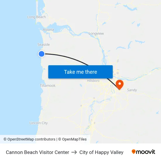 Cannon Beach Visitor Center to City of Happy Valley map