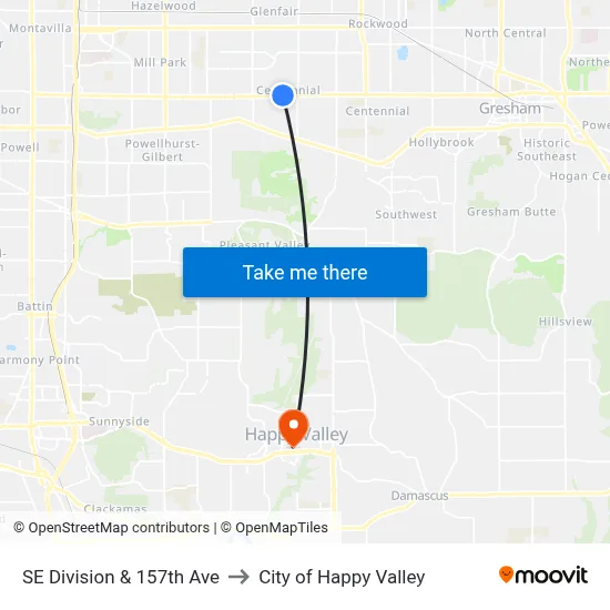 SE Division & 157th Ave to City of Happy Valley map