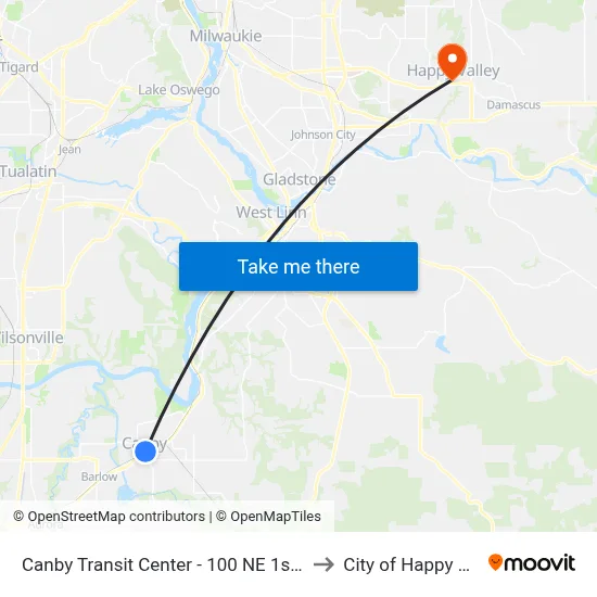 Canby Transit Center - 100 NE 1st Avenue to City of Happy Valley map