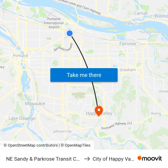 NE Sandy & Parkrose Transit Center to City of Happy Valley map