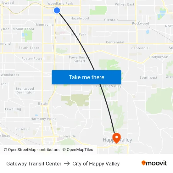 Gateway Transit Center to City of Happy Valley map