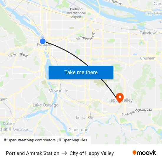Portland Amtrak Station to City of Happy Valley map