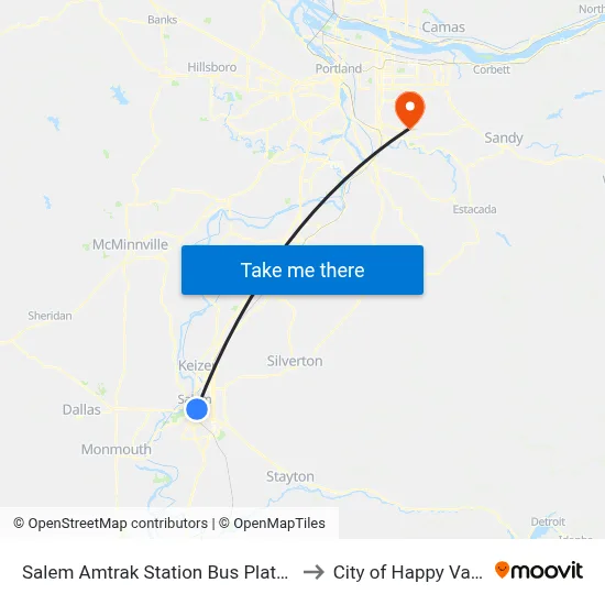 Salem Amtrak Station Bus Platform to City of Happy Valley map