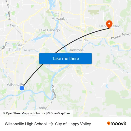 Wilsonville High School to City of Happy Valley map