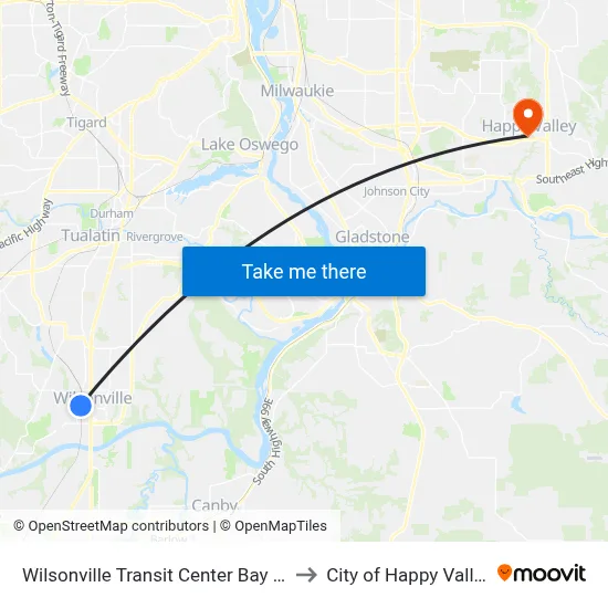 Wilsonville Transit Center to City of Happy Valley map