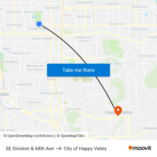 SE Division & 68th Ave to City of Happy Valley map