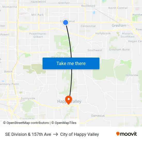 SE Division & 157th Ave to City of Happy Valley map