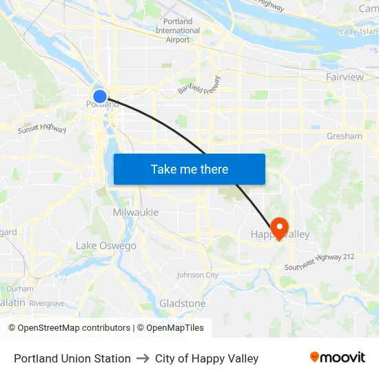 Portland Union Station to City of Happy Valley map