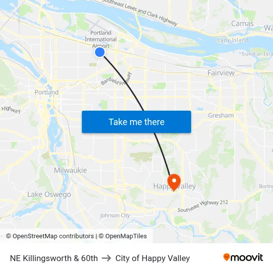 NE Killingsworth & 60th to City of Happy Valley map