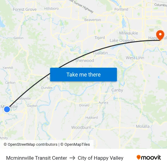 Mcminnville Transit Center to City of Happy Valley map