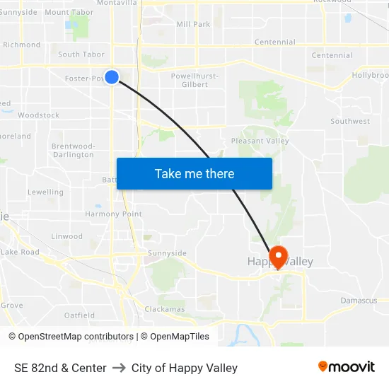 SE 82nd & Center to City of Happy Valley map
