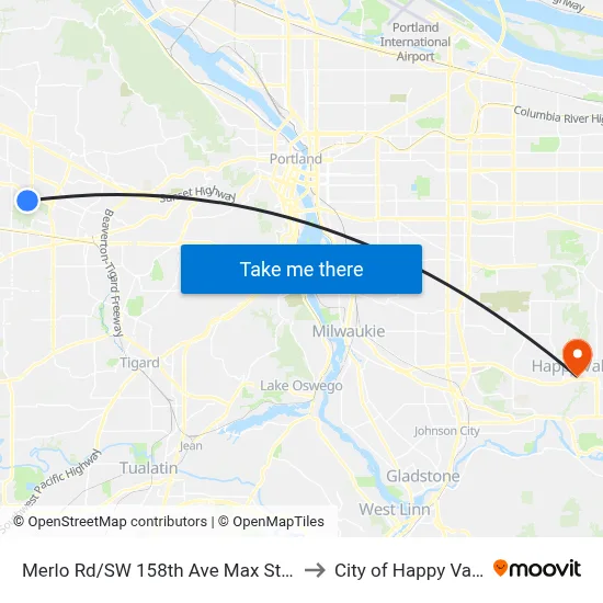 Merlo Rd/SW 158th Ave Max Station to City of Happy Valley map