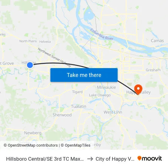 Hillsboro Central/SE 3rd TC Max Station to City of Happy Valley map