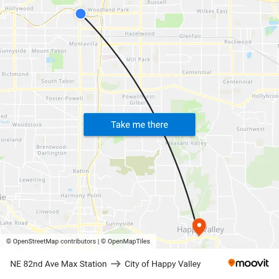 NE 82nd Ave Max Station to City of Happy Valley map