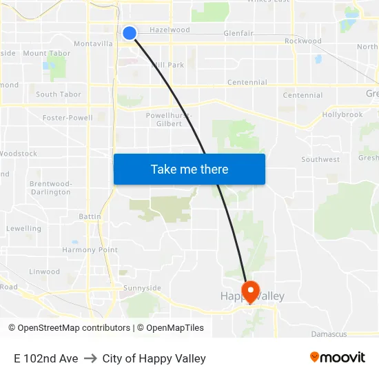 E 102nd Ave to City of Happy Valley map