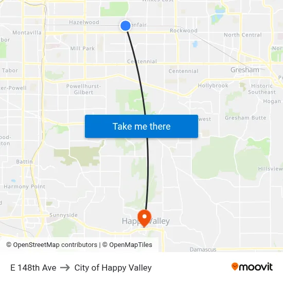 E 148th Ave to City of Happy Valley map