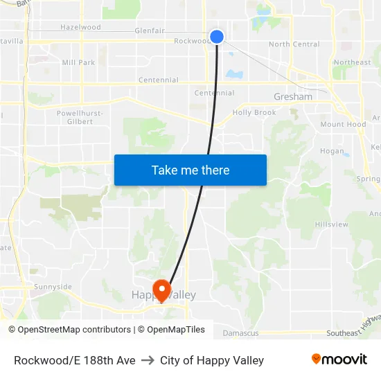 Rockwood/E 188th Ave to City of Happy Valley map