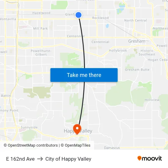 E 162nd Ave to City of Happy Valley map