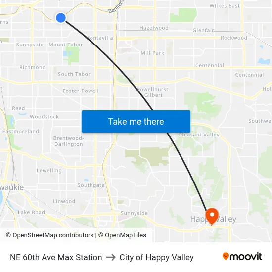 NE 60th Ave Max Station to City of Happy Valley map