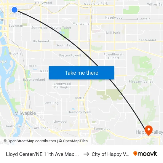 Lloyd Center/NE 11th Ave Max Station to City of Happy Valley map