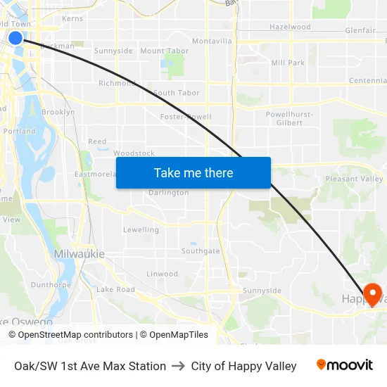Oak/SW 1st Ave Max Station to City of Happy Valley map