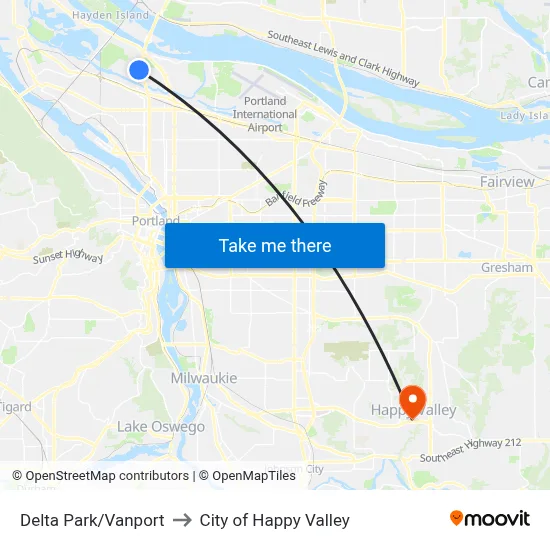 Delta Park/Vanport to City of Happy Valley map