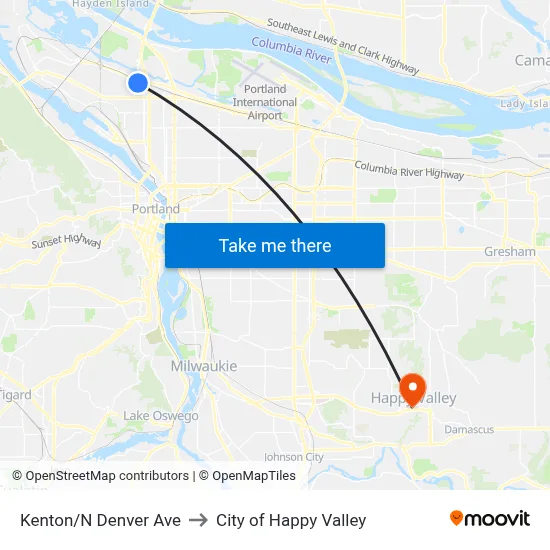 Kenton/N Denver Ave to City of Happy Valley map