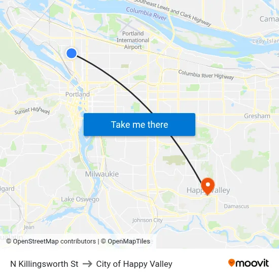 N Killingsworth St to City of Happy Valley map