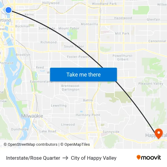 Interstate/Rose Quarter to City of Happy Valley map