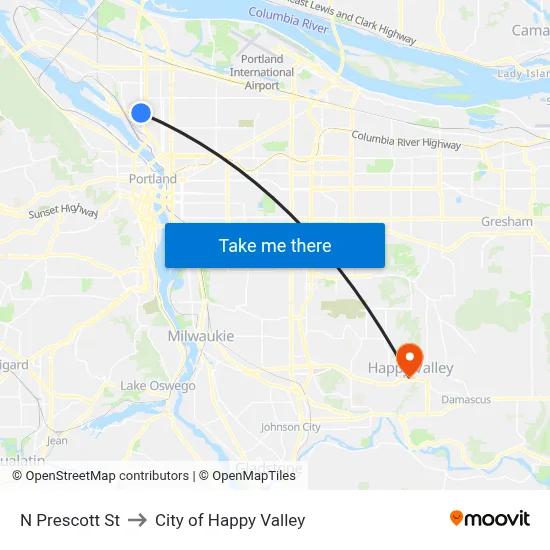 N Prescott St to City of Happy Valley map