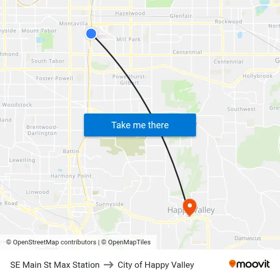 SE Main St Max Station to City of Happy Valley map