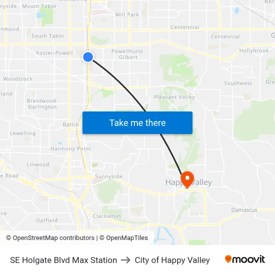 SE Holgate Blvd Max Station to City of Happy Valley map
