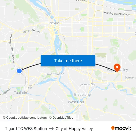 Tigard TC WES Station to City of Happy Valley map