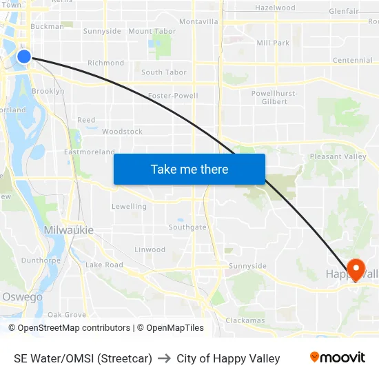 SE Water/OMSI (Streetcar) to City of Happy Valley map