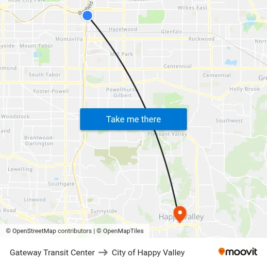 Gateway Transit Center to City of Happy Valley map