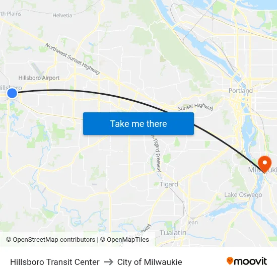 Hillsboro Transit Center to City of Milwaukie map