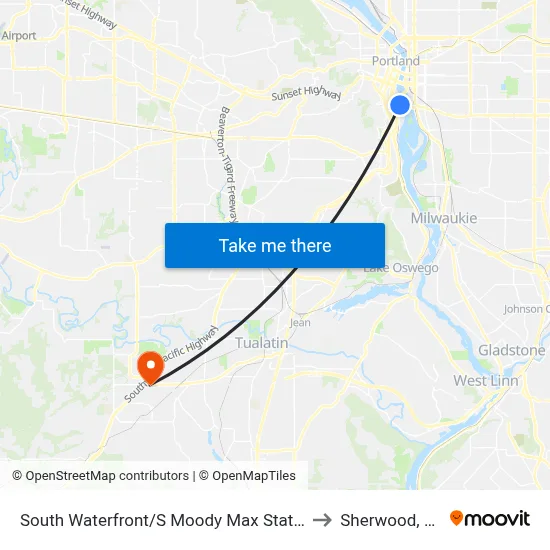 South Waterfront/S Moody Max Station to Sherwood, OR map