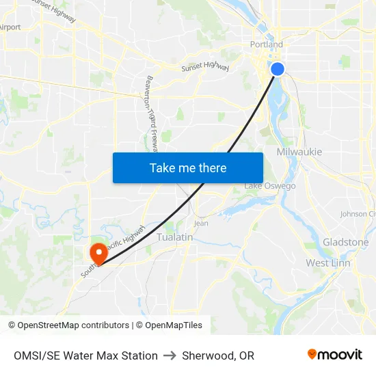 OMSI/SE Water Max Station to Sherwood, OR map