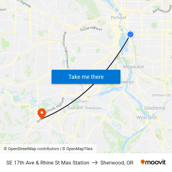 SE 17th Ave & Rhine St Max Station to Sherwood, OR map