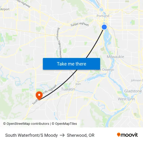 South Waterfront/S Moody to Sherwood, OR map