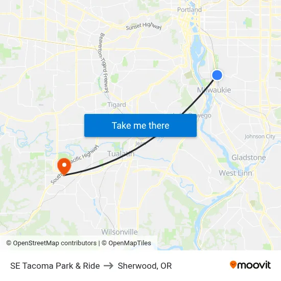 SE Tacoma Park & Ride to Sherwood, OR map