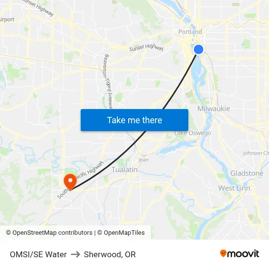OMSI/SE Water to Sherwood, OR map