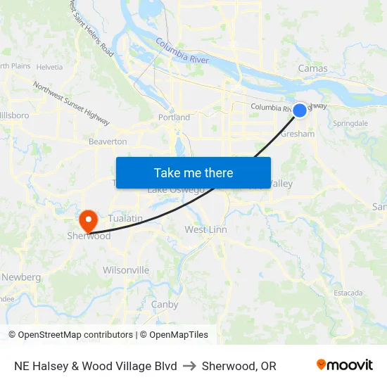 NE Halsey & Wood Village Blvd to Sherwood, OR map