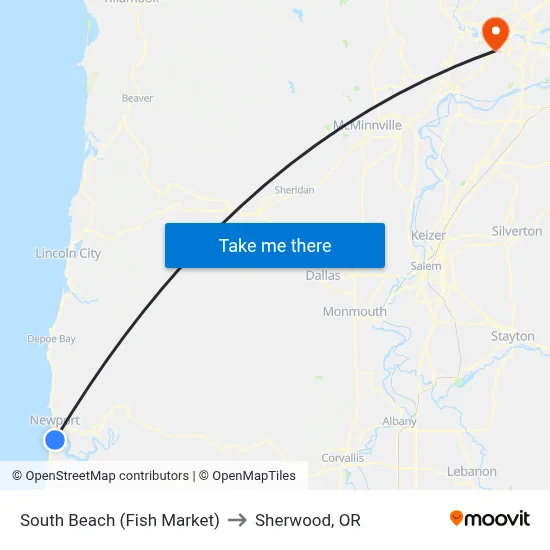 South Beach (Fish Market) to Sherwood, OR map