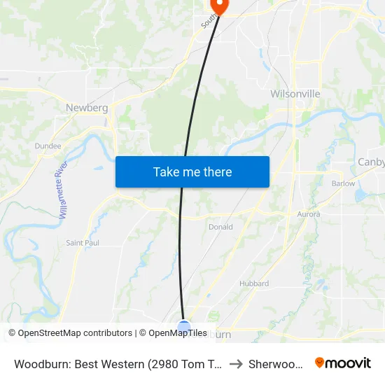 Woodburn: Best Western (2980 Tom Tennant Dr) to Sherwood, OR map