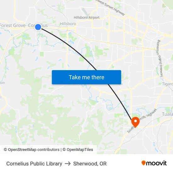 Cornelius Public Library to Sherwood, OR map