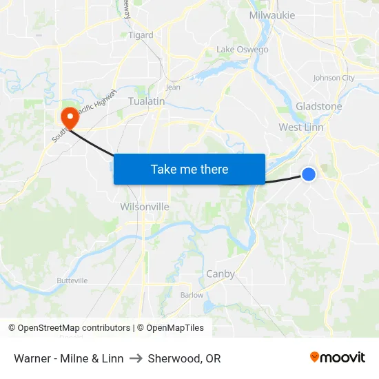 Warner - Milne & Linn to Sherwood, OR map