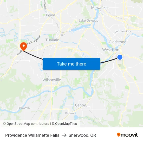 Providence Willamette Falls to Sherwood, OR map