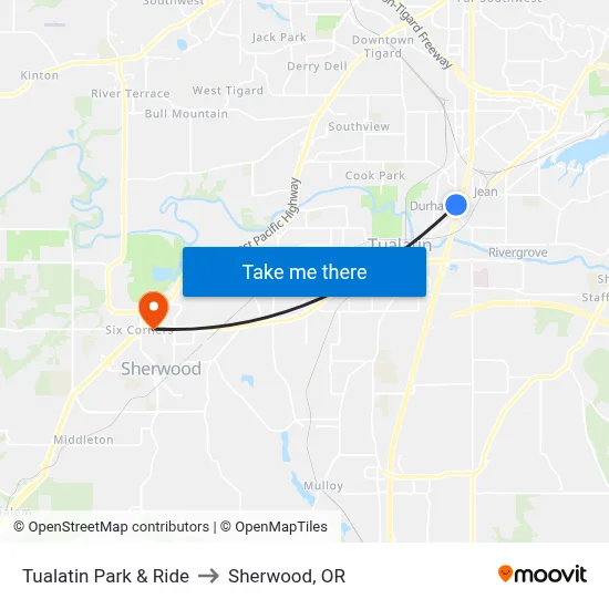 Tualatin Park & Ride to Sherwood, OR map