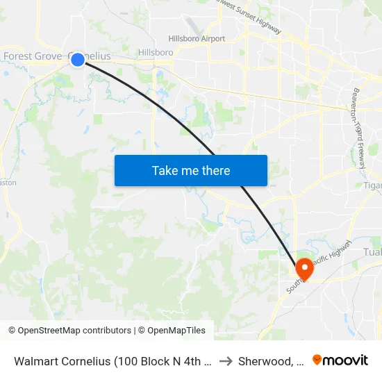 Walmart Cornelius (100 Block N 4th Ave) to Sherwood, OR map